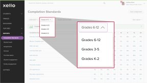 Educator account in Xello. The Completion Standards report page is open. The grade range dropdown is open. 